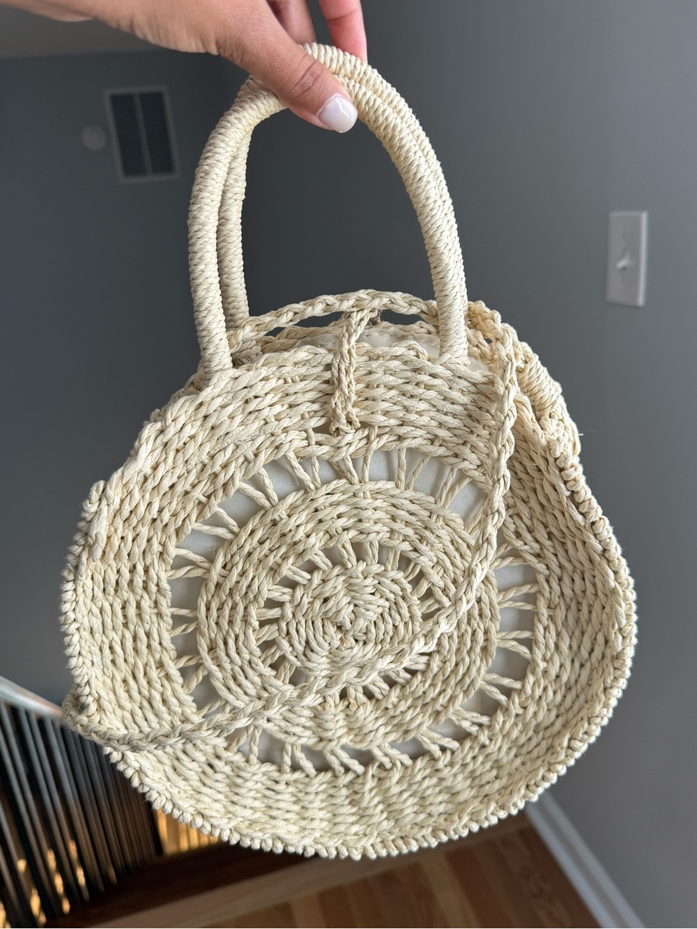 Handwoven Round Straw Tote Bag - Cream